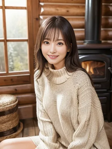 woman, log cabin interior, sitting in front of wood stove, cream long knit sweater, full body, cozy, ((masterpiece)), ((best quality)), (ultra-detailed), ((beautiful eyes)), Japanese female, (slender:1.3), ((30 years old)), beautiful, (cheerful grin:1.3),