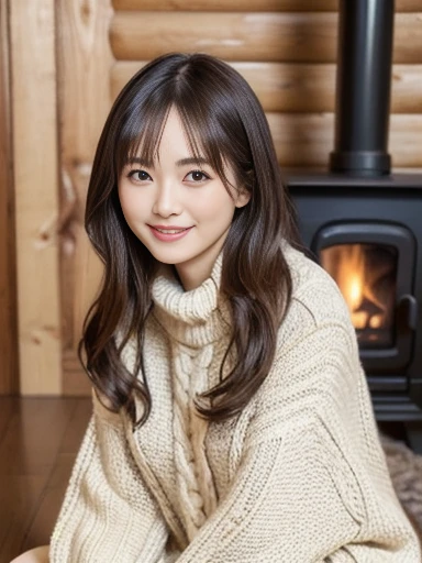 woman, log cabin interior, sitting in front of wood stove, cream long knit sweater, full body, cozy, ((masterpiece)), ((best quality)), (ultra-detailed), ((beautiful eyes)), Japanese female, (slender:1.3), ((30 years old)), beautiful, (cheerful grin:1.3),