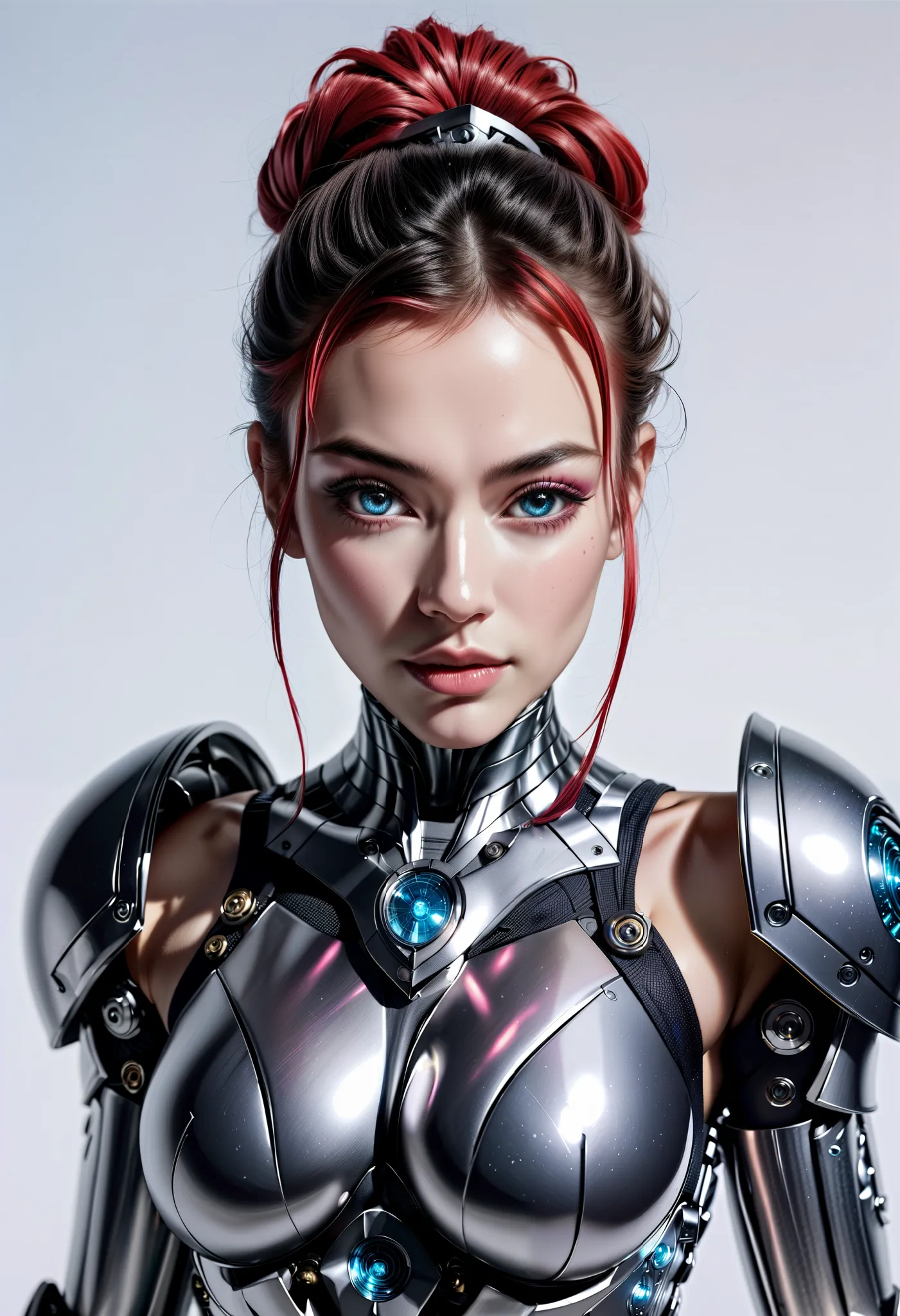 (high quality), (masterpiece), (detailed), 8K, Hyper-realistic portrait of a female cyborg, showcasing intricate (cybernetic enhancements1.2) on her upper body. (Mechanical arms1.3) with glowing (circuitry1.2) contrast against her (human skin1.2), while (a...