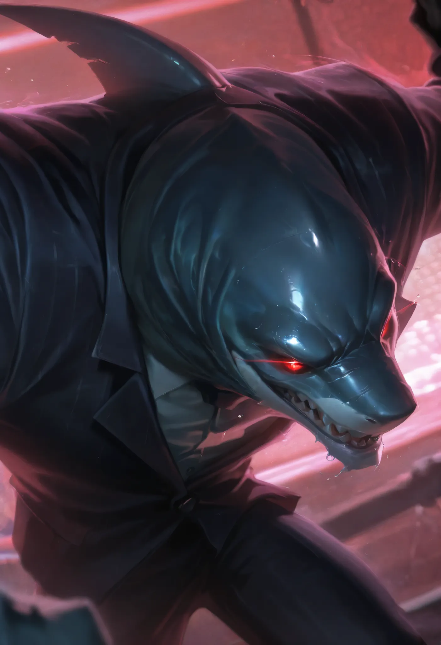 Score_9, Score_8_up, Score_7_up, Score_6_up, masterpiece, portrait, best quality, upper body, anthro, 1male, solo, strong, taller frame, anthro_shark, white shark, long teeth, red eyes, villain, cold posture, wearing a black formal suit, L0LSPL4SH,