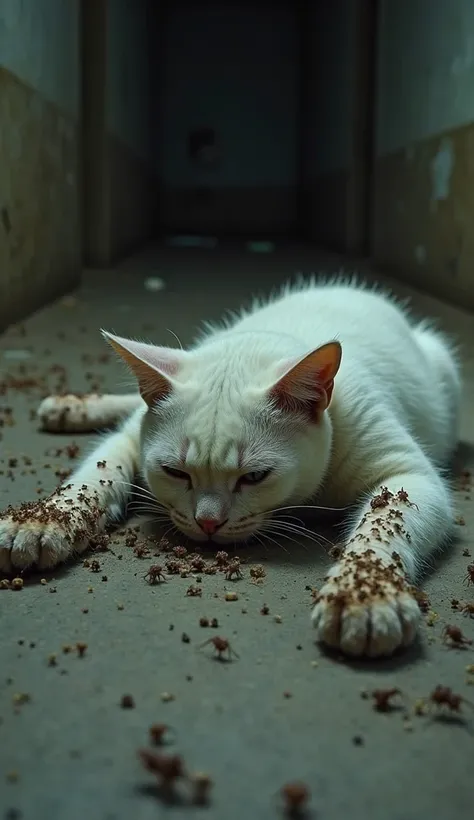 A first-person perspective from a body-mounted camera capturing a weak white cat lying on the ground. Its fur is matted and unkempt, and its body appears severely infected, with hundreds parasites covering parts of its skin. The cat looks exhausted and in ...