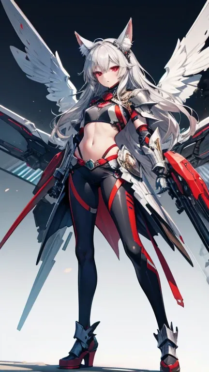  beautiful girl,high resolution,  long hair,  Silver Hair, long hair, red eyes,  anime,SF,Armor,Mechanical Wings, chest, Fake Animal Ears, sling,  speed line,  sexy, standing picture, Background Ruins