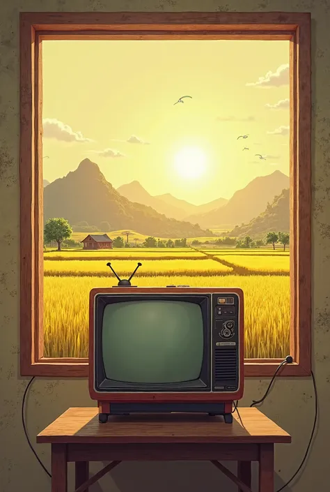 Make an 2d old tv facing infront of the image with table,window behind, and with yellow rice paddy field along into the sun and 1 small house and small mountains