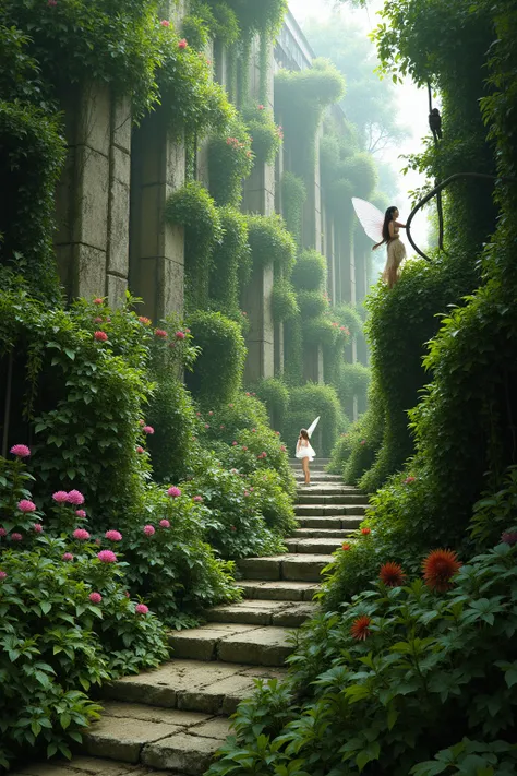 An eldritch nightmare city has been overgrown by lush jungle and flowers, gorgeous fairy women populate the area now