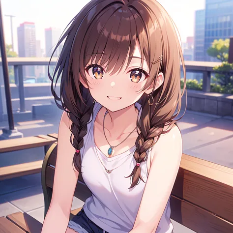 Shimazu Yuno、 glossy brown hair, long hair,  、((2 braids:1.5、 Shoulder Hair )), beautiful brown eyes、Sparkling Eyes, fine grain、smile、super detailed eyes、very detailed face,  very elaborate eyes ,cowboy、


(( masterpiece, TOP QUALITY, high resolution, 超hig...