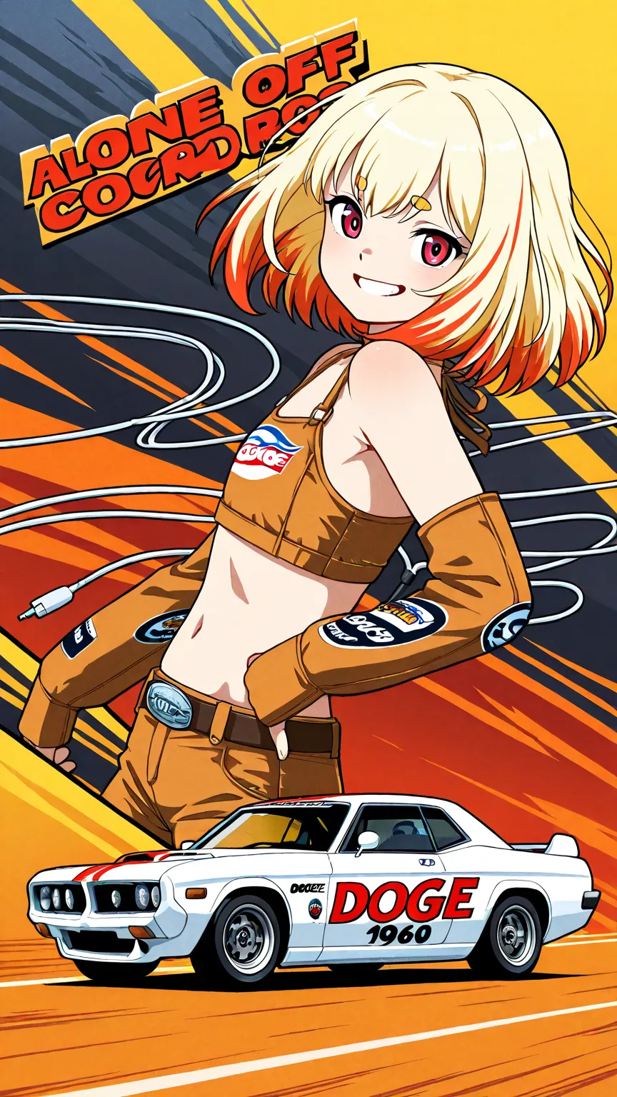 (Japanese anime style), Alone femmes, light skin, (multicolored hair, lightblonde_hair), short eyebrows, sales smile  、( flat chest), cowgirl costume, Dodge  car, Charger 1968, off-road custom car, racing off-road,