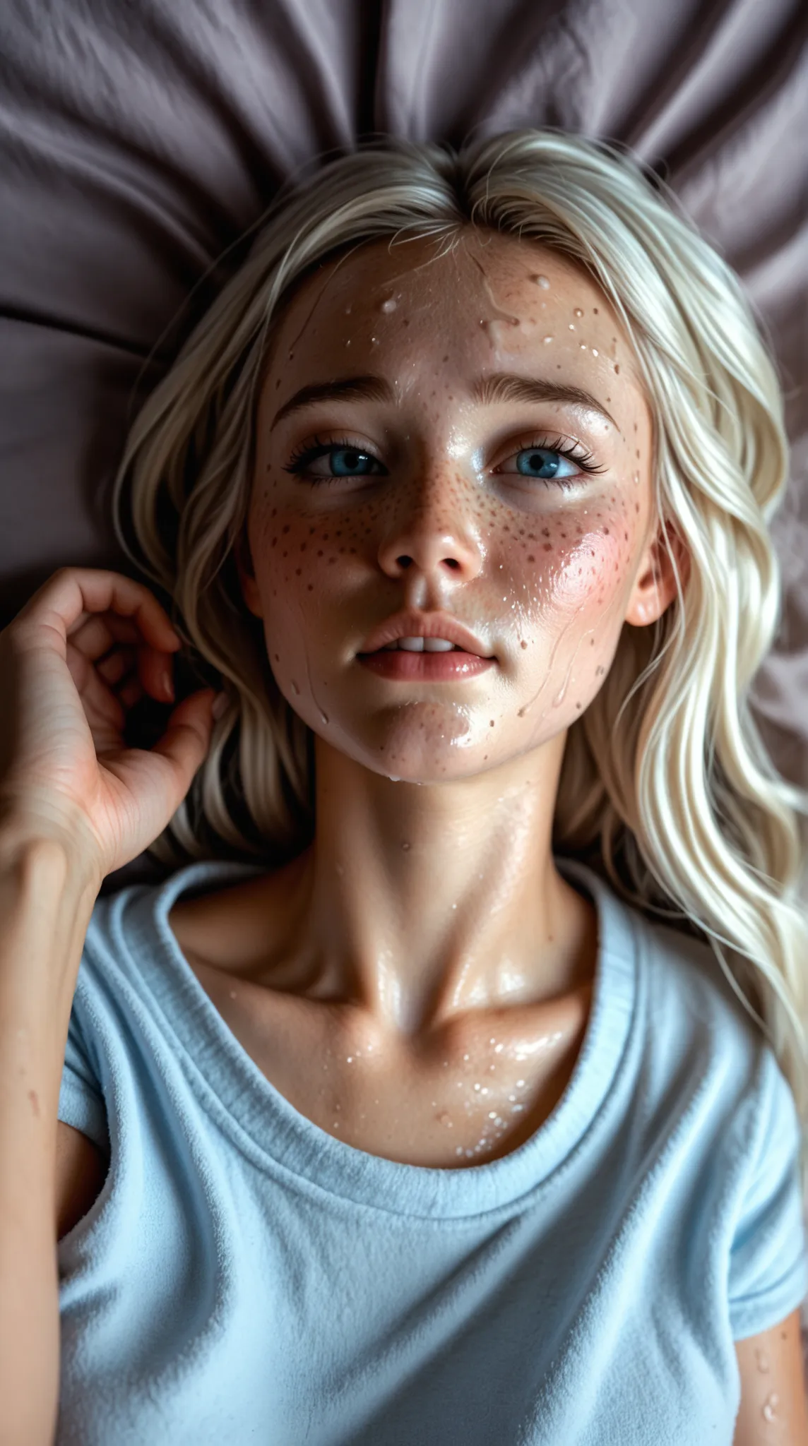 a  girl (petite, skinny, prominent freckles, cheek and chin dimples, short platinum blonde hair 1.4) Her eyes are a captivating shade of light blue.  (sweating), (experiencing exquisite orgasm), (mouth very wide open), laying down on a plush cozy bed ((ful...