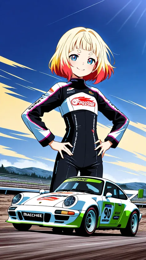 (Japanese anime style), Alone femmes, light skin, (multicolored hair, lightblonde_hair), short eyebrows, sales smile  、( flat chest), racing costume, PORSCHE911 car, rally raid, racing tracks,