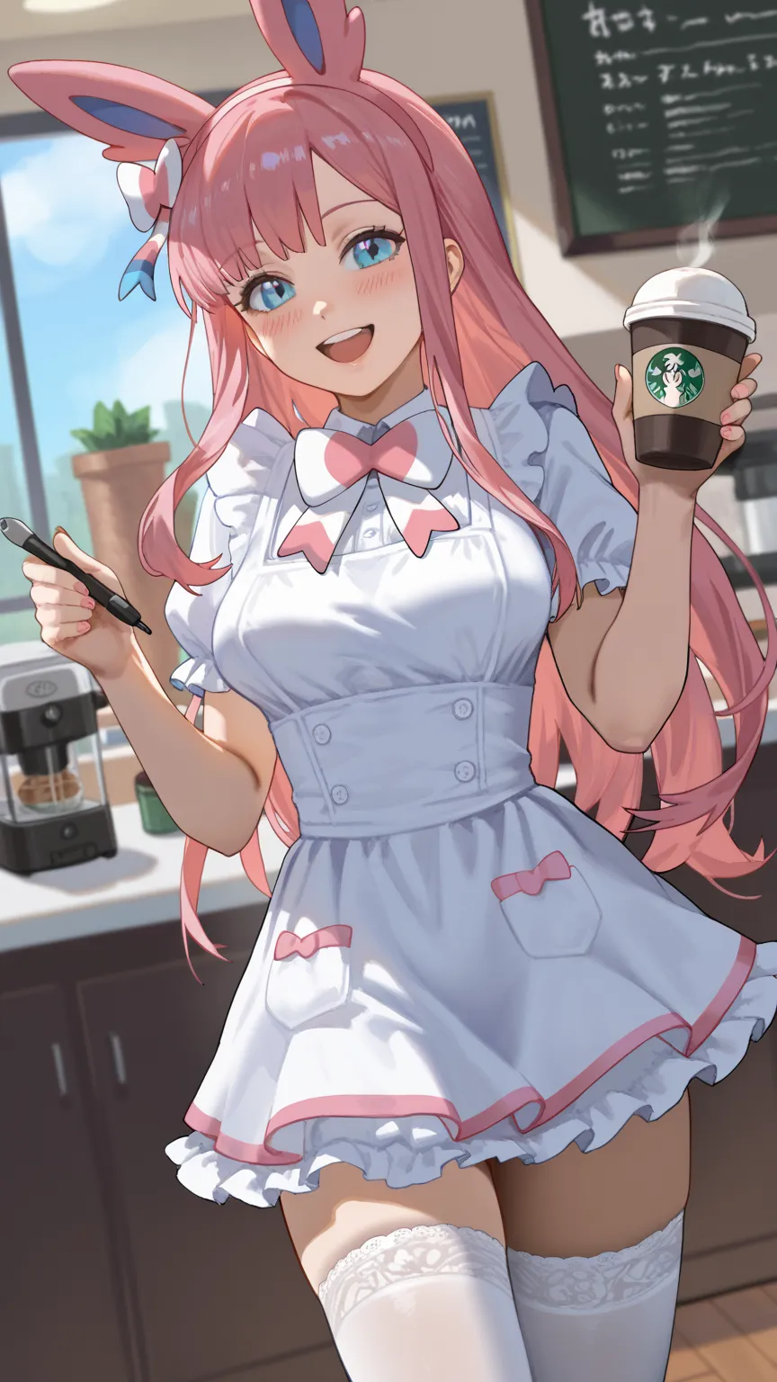 Zero two as a Pokémon trainer, there is a Sylveon next to her, happy, smile, blush, Cute coffee shop, wears a pink kawaii maid dress, high stockings, dynamic pose, dynamic angle, anatómicamente correcto, dementia, Masterpiece, Very detailed,  long hair,  b...