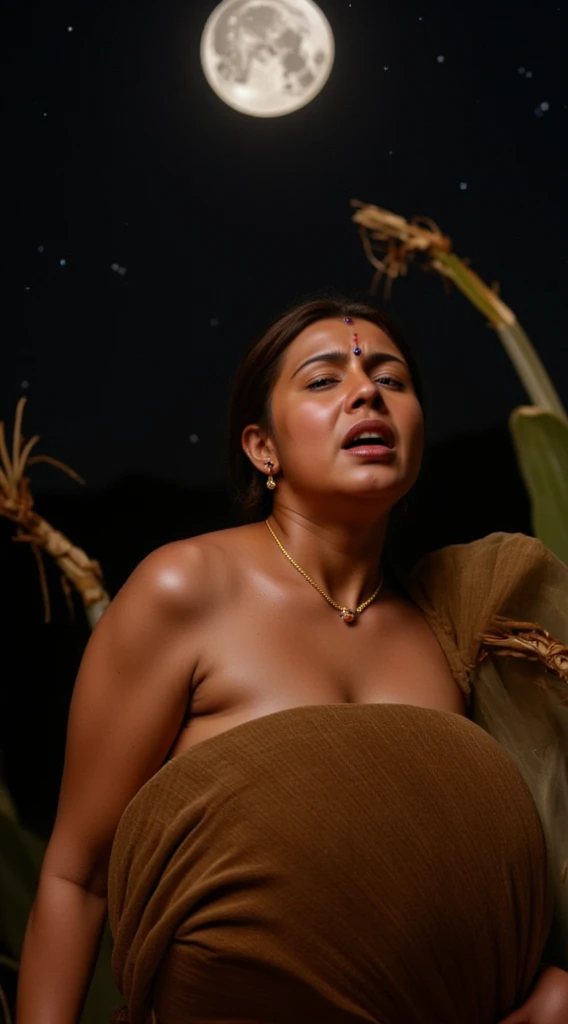 Full moon view,bottomup view,dark night,inside cornfield,ground,woman on her knees,kneeling in ground,stars in sky,moonlight on woman body,in black bra and saree,deep clevage,wide open mouth and blue lusty eyes,gold mangalsutra in neck,finger pointing towa...