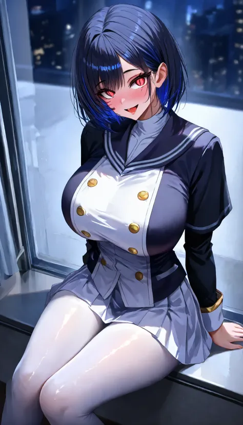 SOLO, A Female ,Perfect body , Shiny skin, (multicolored hair, short hair), Pink insect eye,red slit pupils, Sitting on a Lux Sofa beside the Window, (Wearing A White Short JK Uniform), White Silk pantyhose, In A Apartment room, Torogao, Yandere, Midnight,...