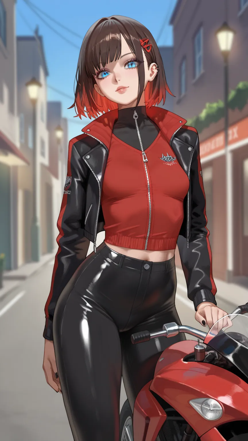 masterpiece, best quality, amazing quality, hyper-detailed, 1girl, goth, brunette hair, bangs, blue eyes, dark ambient, outdoors, standing infront of a red motorcycle, red motorcycle suit, shiny skin, small breasts, glowing hair, glowing eyes, head tilt, l...