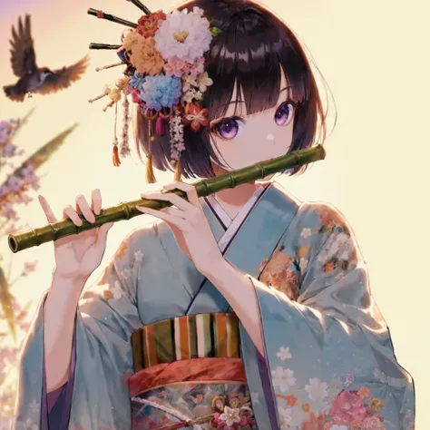 score_9, score_8_up, score_7_up, (1girl, solo), (black short hair, bob cut, blunt bangs, flower ornament, edgKanzashi), kimono, holding Bamboo flute, twilight background