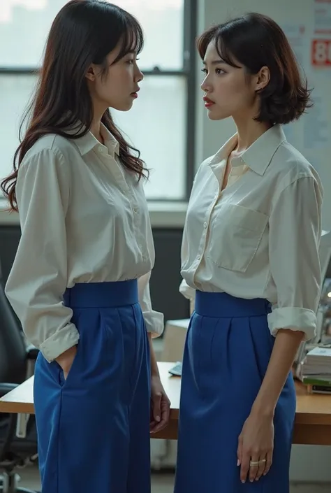 Beautiful korea-looking cute woman aged 25 is sitting on a kitchen chair in the office room.They all have both hands behind their backs..
 She is wearing (White shirt) cobalt blue short pencil skirt)mouth covered with duct tape, . A woman of the same age w...