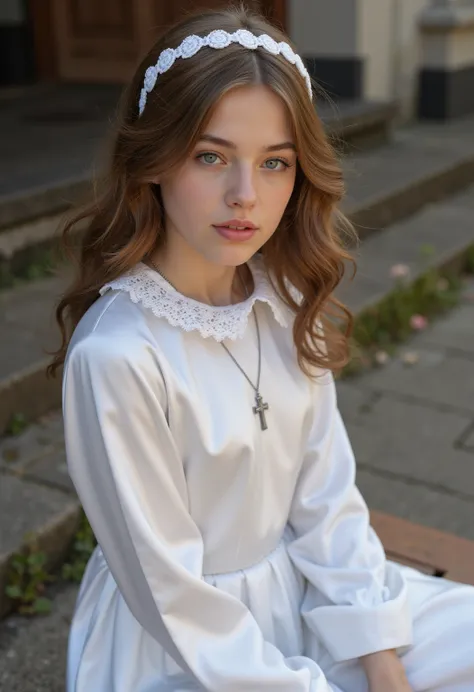 Ultra realistic young 21-year-old German brunette altar boy ,  beautiful eyes .  long brown hair with wavy hair .     hairband    ,  Cross necklace , long white satin altar dress with lace collar and white long satin sleeves,   transparent lip gloss ,  blu...