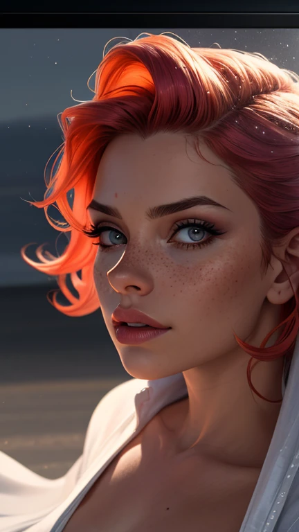 A close-up of a flame-haired model’s eye, with a dramatic swirl of white fabric curling diagonally across the frame. The reflection of the salt flat and red chair glimmers in her iris, while her freckled skin is softly illuminated by natural light.