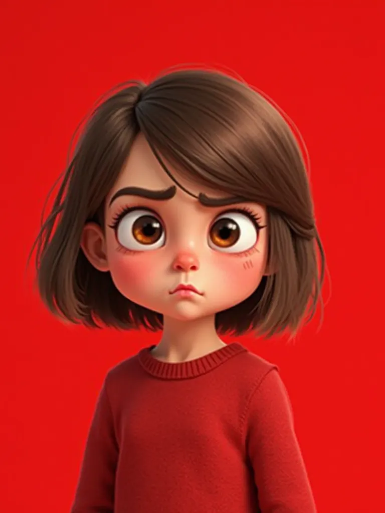 Petite fille de 4 ans. Her hair is brown.  she has smooth hair .  she doesn't have bangs . Her hair cut is a short square. Her hair is loose. She has a parting on the right side. She has brown eyes . she is angry. Elle porte des vêtements rouge.  The backg...