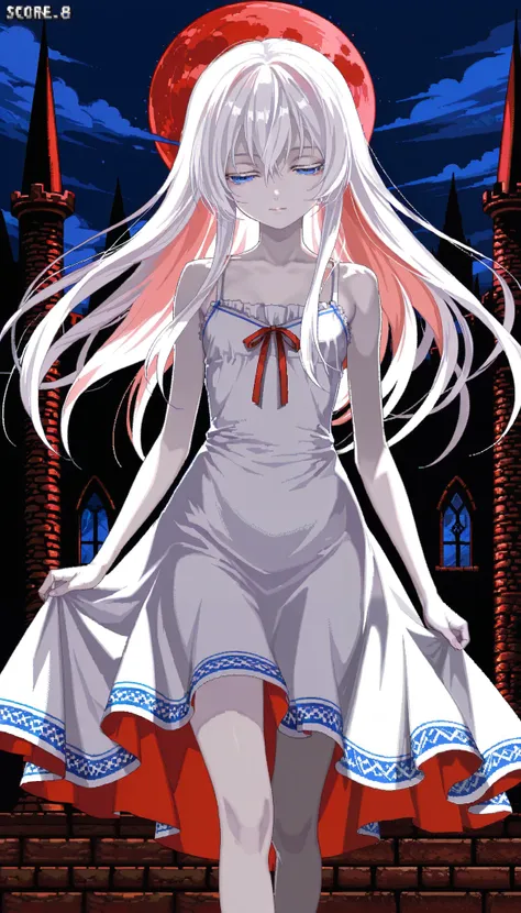 1girl, solo, cowboy shot, Anime Girls, (white long camisole dress), pale skin, albino, white long hair, half closed eyes, blue eyes, perfect anatomy,
Anime Girls, pixel art, 8-bit, castlevania graphics, full body, hyper realistic super detailed Legendary C...