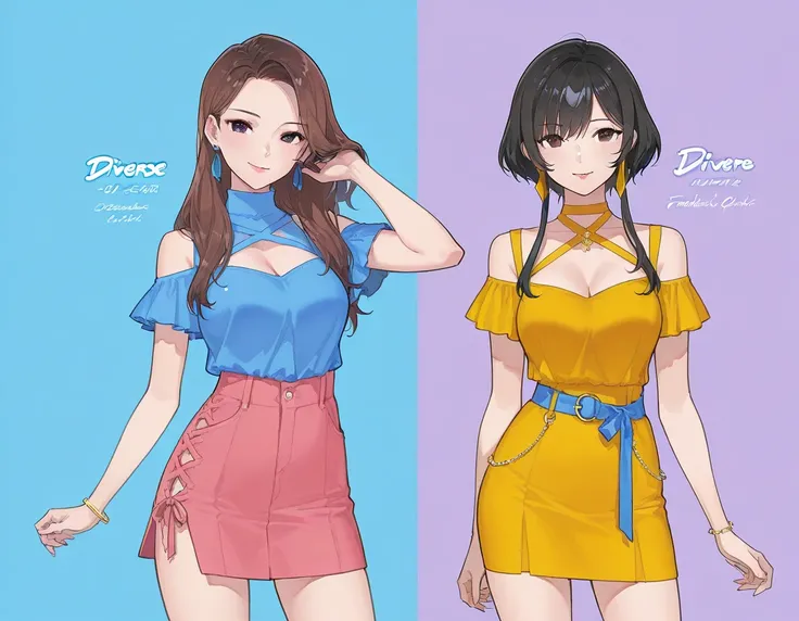 (2 adult girls), anime characters, outfit designs, diverse outfits, upper body character design, outfit design, fashion concept art, cowboy shot, 