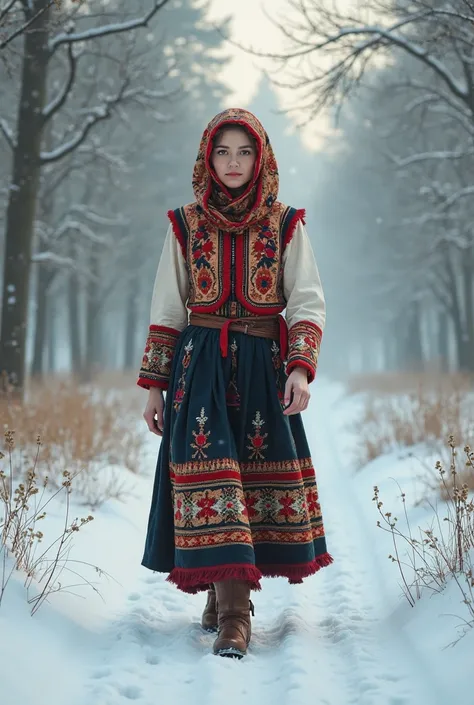 Create a portrait of a Ukrainian woman in traditional folk costume with a headscarf, woolen vest and leather booties, walking at dawn through snowy, misty glade.