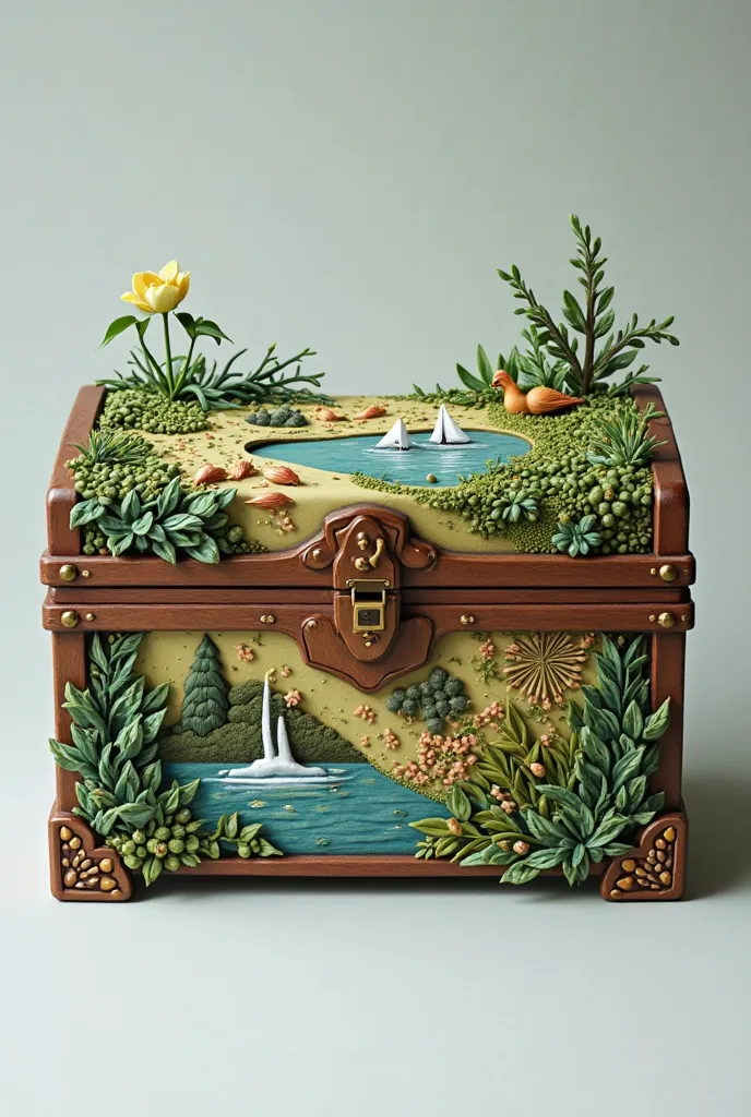 Chest-shaped box with ecological-related designs 

