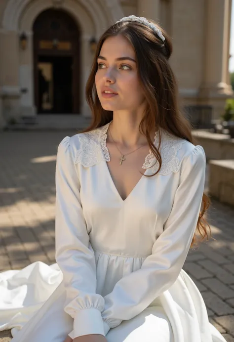 Ultra realistic young 21-year-old German brunette altar boy ,  beautiful eyes .  long brown hair with wavy hair .     hairband    ,  Cross necklace , long white satin altar dress with lace collar and white long satin sleeves,   transparent lip gloss ,  blu...