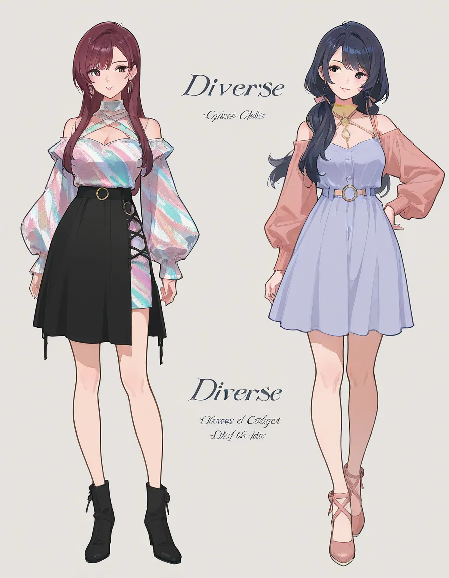 (2 adult girls), anime characters, outfit designs, diverse outfits, upper body character design, outfit design, fashion concept art, 