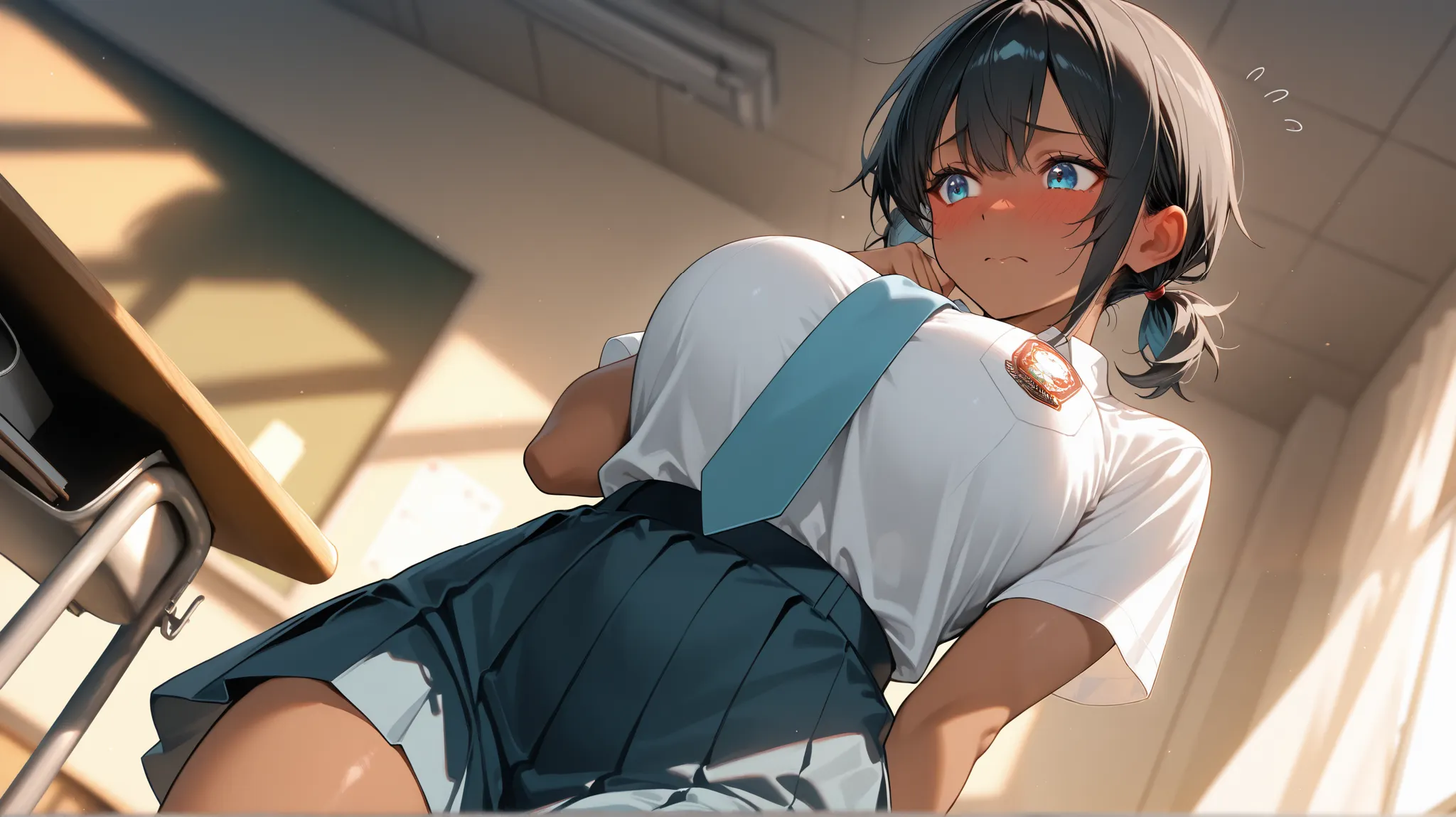 score_9, score_8_up, score_7_up, masterpiece, best quality, detailed eyes, detailed face, 1 girl, solo, beautiful, curvy body, youthful, thick thighs, very tall, looking down at viewer, from below, very large breasts, light_tanned_skin, tomboy,

vibrant bl...