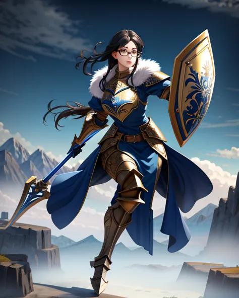 Anime Girl (Ethnicity: 1.0), (Age: 1.0), (Detailed Outfit: 1.3), (Accessories: 1.2), Black Hair, (Facial Features: 1.3), (Expression: 1.2), (Body Type: 1.1), (Pose: 1.3), Holding a Glowing Blue Sword, (Detailed Armor: 1.3), (Detailed Shield: 1.2), Light Bl...