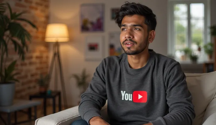 A 20 -year -old boy sitting in a studio while telling something Which should have a YouTube logo on the cloth and should be written as Ravindar Raju