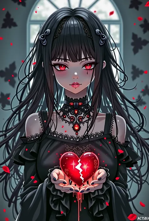 dark angel goth anime girl holding broken heart in VINNIE ART style dangaronpa artystyle goth art
