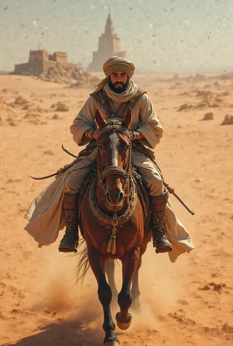 "Create an image of Bayajidda, a young Arab warrior with a turban and sword, riding a strong horse through the desert, approaching an ancient African kingdom."