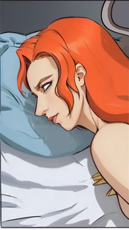 (masterpiece, best quality:1.2), 1girl woman in her 30 years, (realistic:1.5), hawkgirl as Isabela Merced shayera hol, Isabela Merced, green eyes, red orange long hair, close-up, makeup, nude, white bedsheets with blue pillow background, closed mouth, happ...