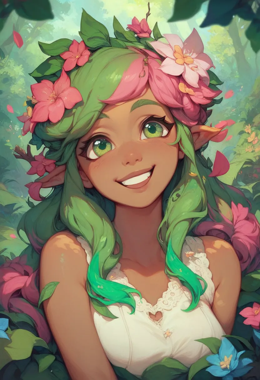 Masterpiece, best quality, high resolution,1girl, dryad, green hair,  pink highlights, flowers in hair, clothes of leaves, smiling, forest setting, brown skin, long hair, laughing. open eyes, green eyes 