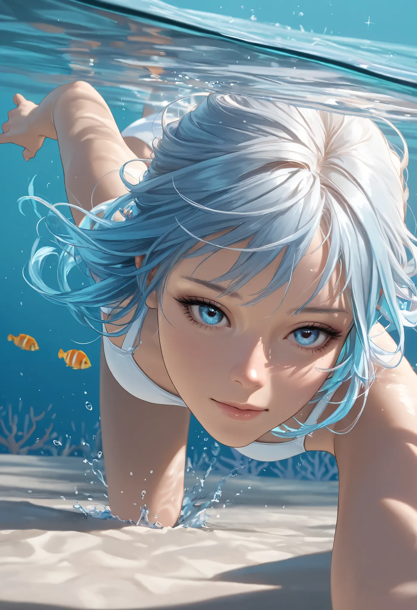 a girl diving into a crystal clear blue ocean, beautiful detailed eyes, beautiful detailed lips, extremely detailed eyes and face, long eyelashes, slim athletic body, graceful diving pose, sparkling water splashing, underwater scenery with coral reefs and ...