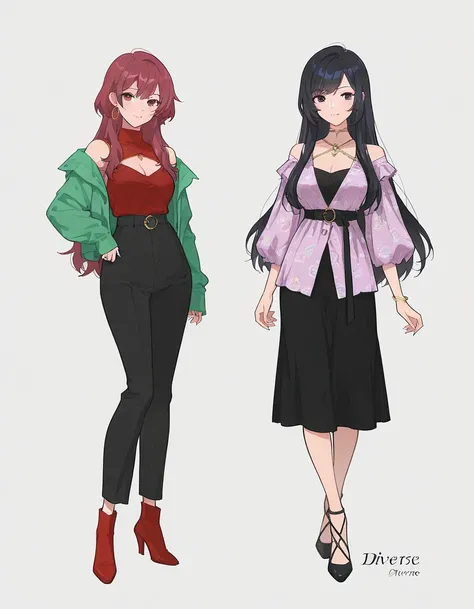 (2 adult girls), anime characters, outfit designs, diverse outfits, upper body character design, outfit design, fashion concept art, full body,