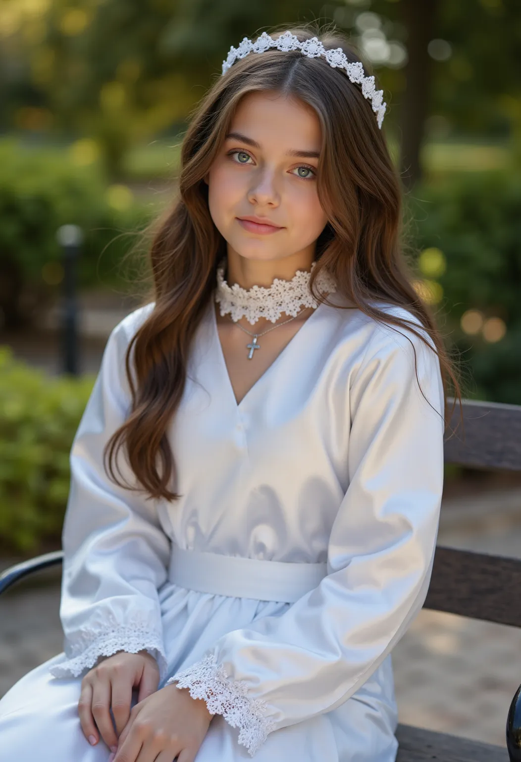 Ultra realistic beautiful young 21-year-old German brunette altar boy ,  beautiful eyes .  long brown hair with wavy hair .     hairband    ,  Cross necklace , long shiny white satin altar dress with lace collar around the neck and with white long satin sl...