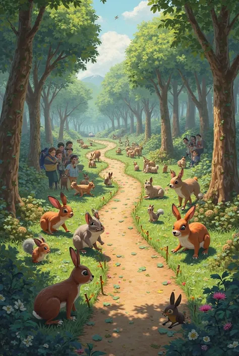 Race preparation — Other animals in the forest arrange the race, the race route is set, and all the animals come together to observe it.