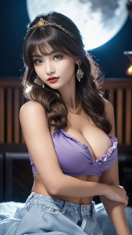  Masterpiece ,  TOP QUALITY, HD,Photographically,  Super Detail, Fine section, Whole body,  High precision, realistic, 8k,  One beautiful woman,hair is light brown medium ponytail hair,Light blue and purple matte dancer costume,Swept-apart bangs, nipple pi...