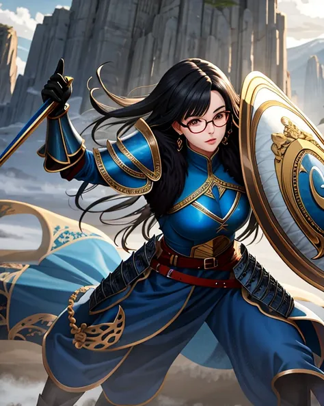 Anime Girl (Ethnicity: 1.0), (Age: 1.0), (Detailed Outfit: 1.3), (Accessories: 1.2), Black Hair, (Facial Features: 1.3), (Expression: 1.2), (Body Type: 1.1), (Pose: 1.3), Holding a Glowing Blue Sword, (Detailed Armor: 1.3), (Detailed Shield: 1.2), Light Bl...