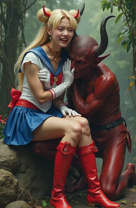 Hyperrealism, masterpiece, highest quality, A young Japanese woman is sitting on the devil lap, she is crying and screaming in pain, painful face, she is wearing a Sailor Moon costume, Blue sailor collar, Blue mini pleated skirt, she is wearing pleated ski...