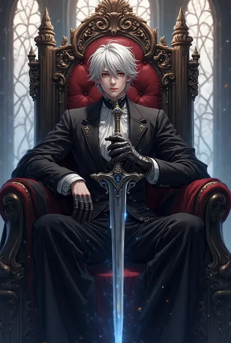 personality and posture, the male character sits on the throne in an elegant gesture. One hand rests gently on the throne post, while the other embraces the shining sword. Magical power
In costume, the male character wears an elegant black classic butler d...