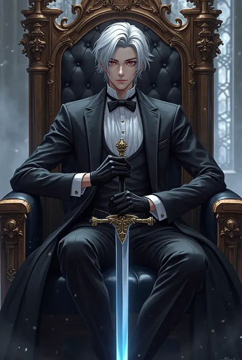 personality and posture, the male character sits on the throne in an elegant gesture. One hand rests gently on the throne post, while the other embraces the shining sword. Magical power
In costume, the male character wears an elegant black classic butler d...