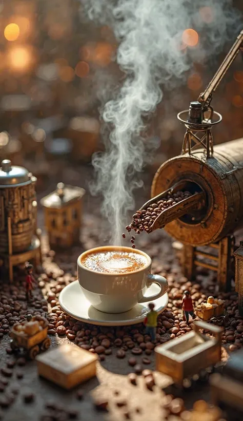 "A miniature coffee factory where tiny baristas are brewing espresso, workers carrying coffee beans in tiny carts, a giant coffee cup being filled by a crane, steam rising like factory smoke, conveyor belts transporting sugar cubes, ultra-detailed, warm li...