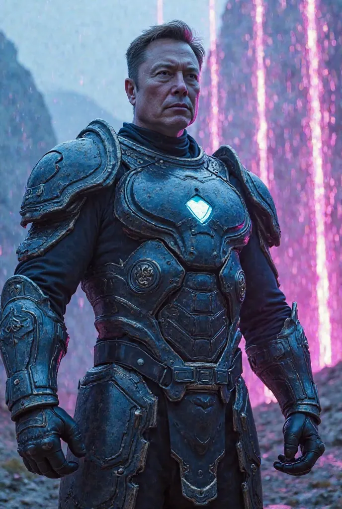 A serious-looking Elon Musk with an intense, determined expression, exuding an aura of power and leadership. He is clad in a majestic battle uniform adorned with intricate futuristic armor plates that radiate a subtle neon glow, highlighting his formidable...