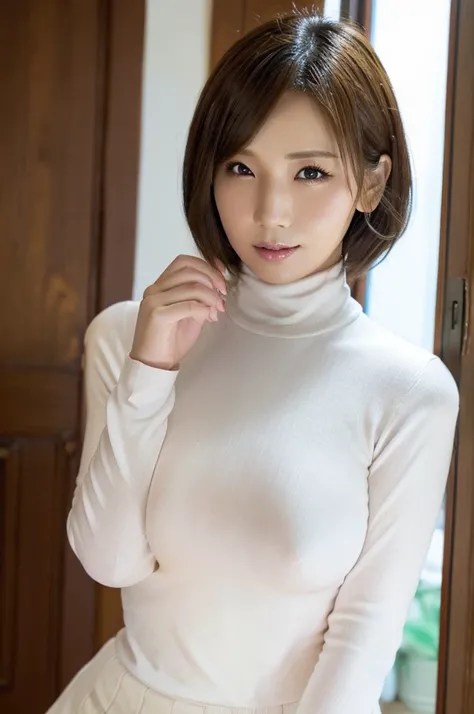 Asian woman wearing a タートルネック sweater、
((( masterpiece))), ((TOP QUALITY)), ((intricate details)), (((超realistic)), A silly solution, mature women, mature women, , very well detailed, realistic, one girl, ((huge boobs)),  perfect hands,  Fine fingers , bea...