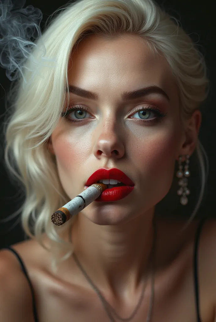 Sexy platinum blonde , red lipstick smoking cigar,provocative weighted 