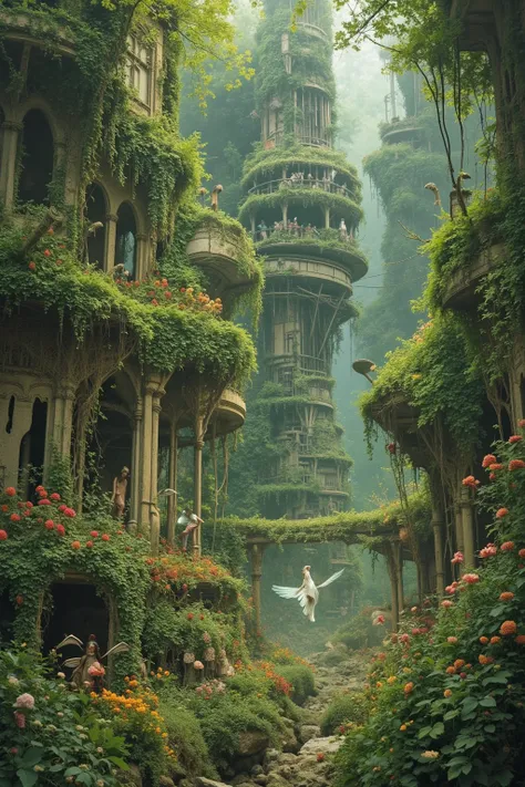 An eldritch nightmare city has been overgrown by lush jungle and flowers, gorgeous fairy women populate the area now