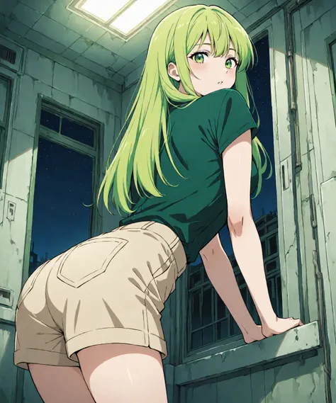 beautiful sexy anime girl with ((long green hair)) & green eyes, wearing a dark green short-sleeve shirt & ((beige khaki shorts)), inside of a abandoned urban factory in a dark night sky, 1girl, solo