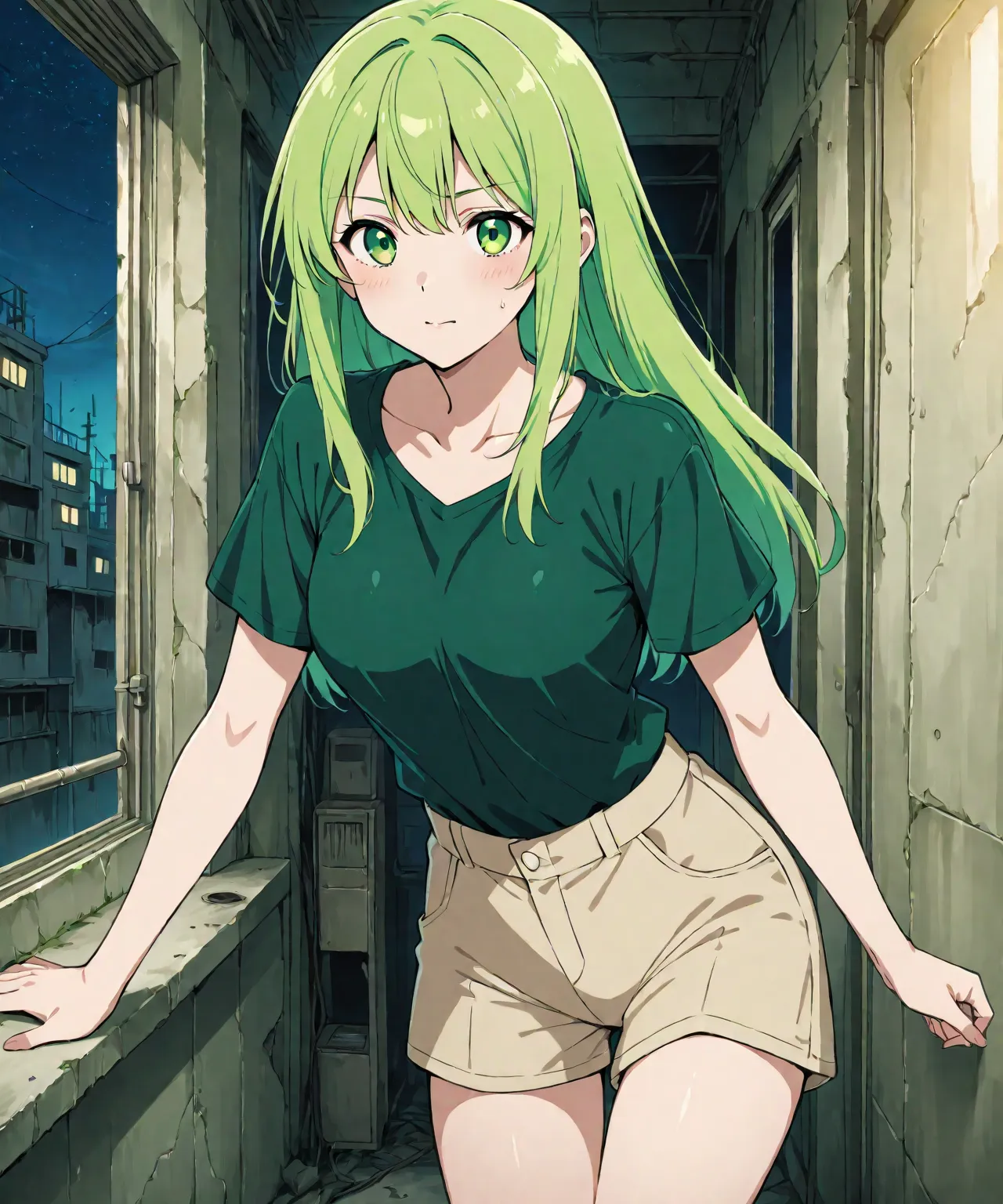 beautiful sexy anime girl with ((long green hair)) & green eyes, wearing a dark green short-sleeve shirt & ((beige khaki shorts)), inside of a abandoned urban factory in a dark night sky, 1girl, solo